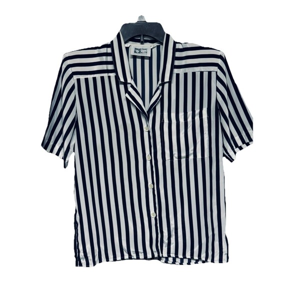 Vintage Anne Klein Navy White Striped Button Up Blouse w Shoulder Pads Size 4 - Picture 1 of 4